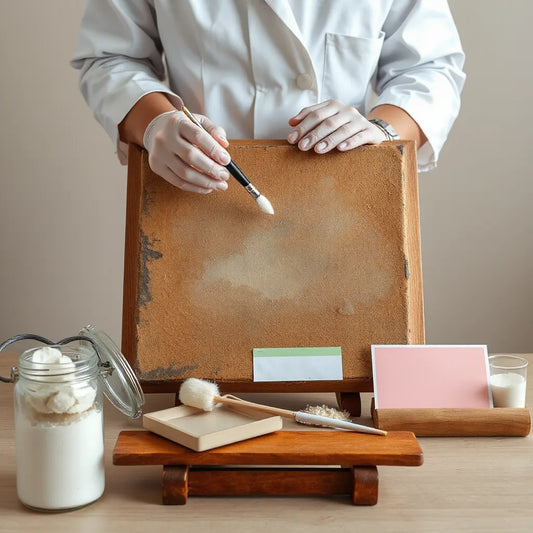 Restauratore al lavoro su un dipinto storico con strumenti e lente illuminata in laboratorio