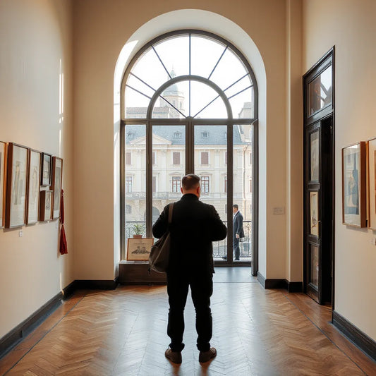 Interno di una galleria con opere moderne e una finestra ad arco su Roma visibile sullo sfondo
