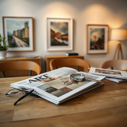 Magazine d’arte aperto su una scrivania con lente d’ingrandimento e occhiali, accanto a opere incorniciate sfocate